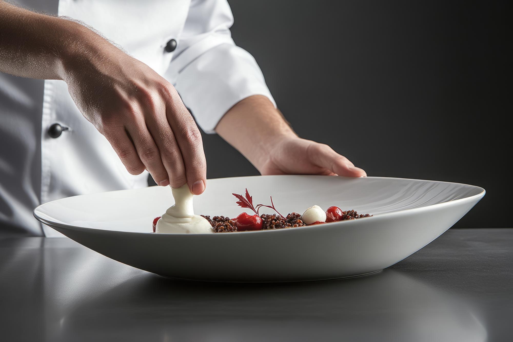Chef plating a modern dish with tech lighting